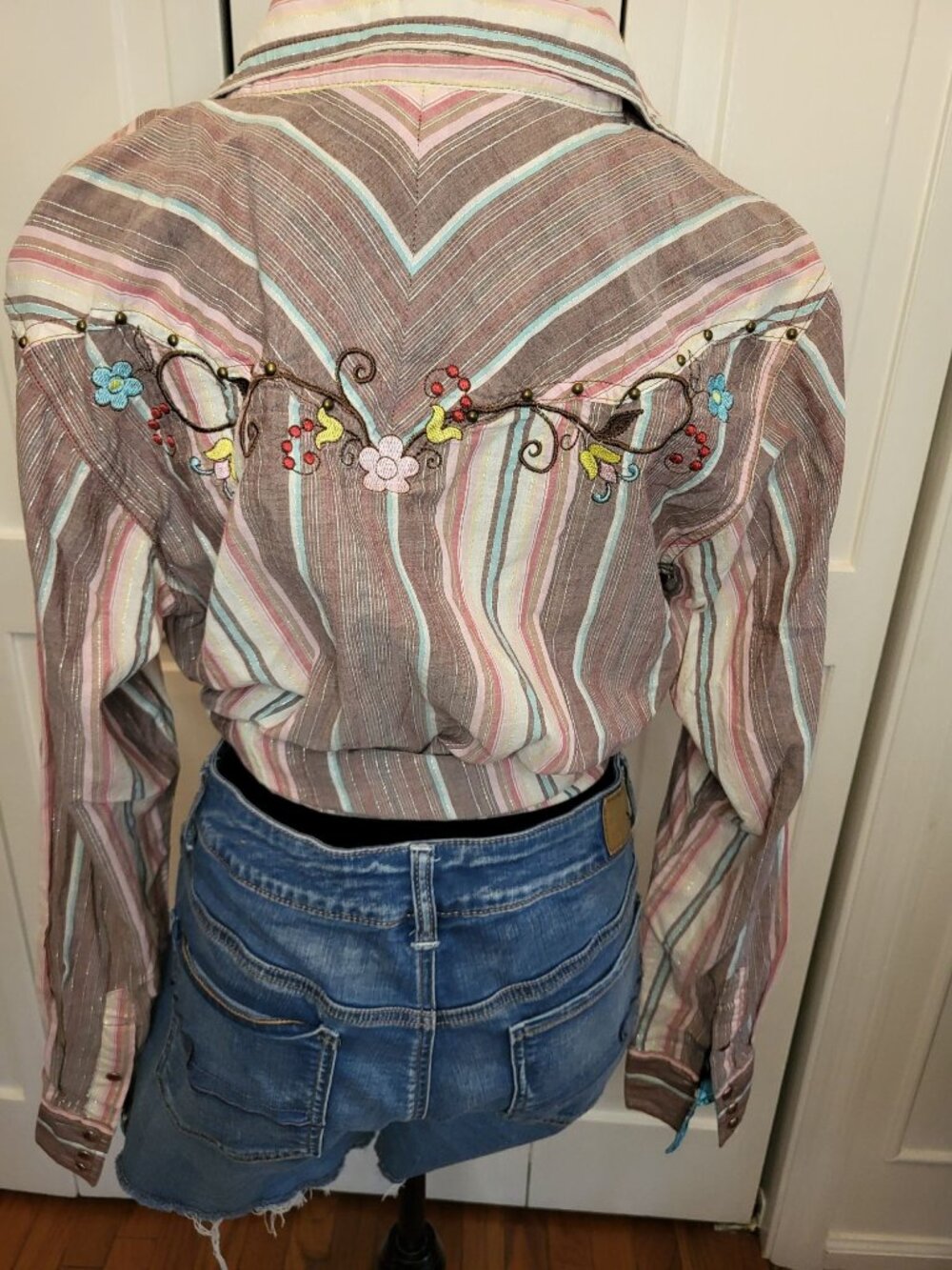 Y2K 20X Ultra Fit Striped Embroidered Metallic Western Shirt L Festival Rodeo